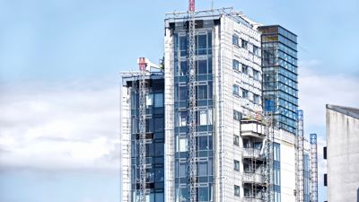 An architectual image of a modern apartment block